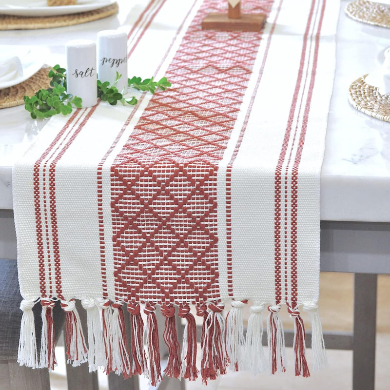 Gray and Cream Linen Table Runner with Tassels
