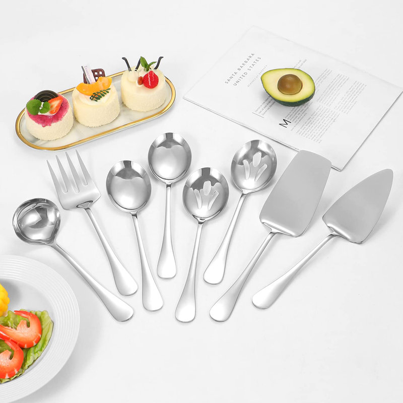 8-Piece Stainless Steel Serving Utensil Set, Dishwasher Safe Tableware For Travel & Hosting, Silver