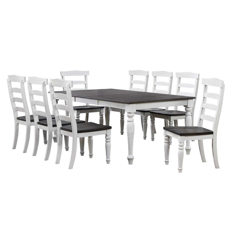 Sunset Trading French Chic 60"-78"-96" Wide Extendable Dining Table | Ladderback Chairs | 3 Size Rectangular Expanding Space-Saving Kitchen Furniture | Distressed White & Brown Wood | Seats 6-10