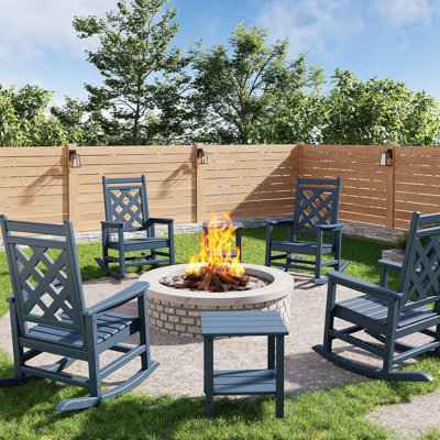 4-Piece Outdoor Rocking Chair Set with 2 Side Tables, Oversized HDPE Adirondack Chairs, Wood Grain Texture, Weather-Resistant, 380 lbs Capacity by Red Barrel Studio