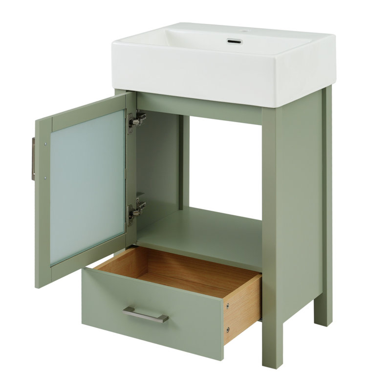 Meuble-lavabo avec lavabo en céramique et tiroir, Vert