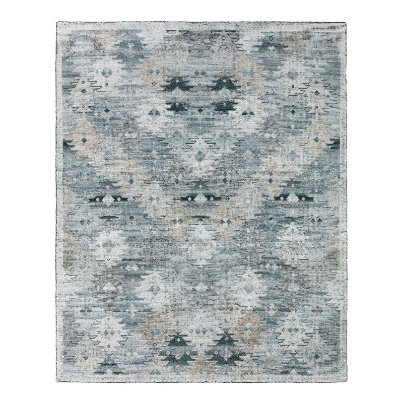Nakoda Hand Knotted Wool Geometric Area Rug in Fungi/Jet Black/Lily White, Rectangle 10' x 14'