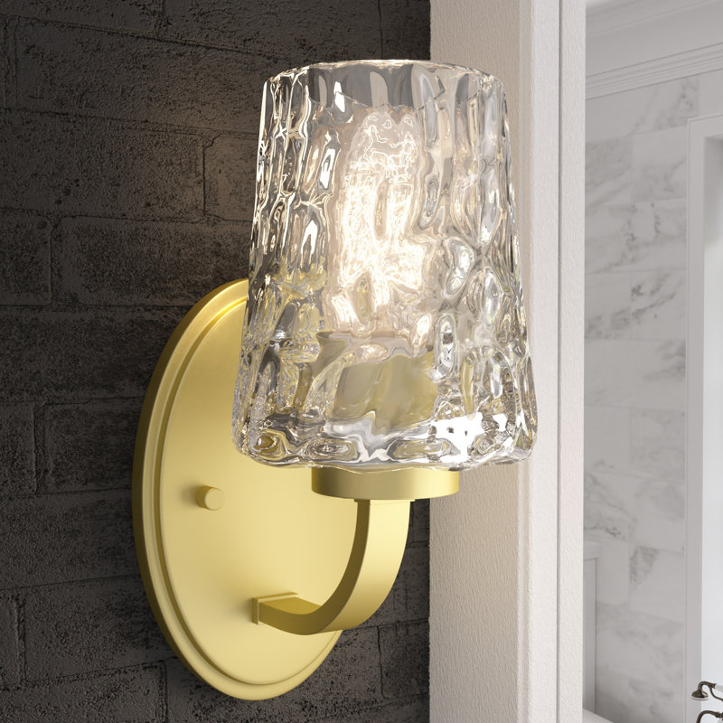 Saratoga 12" H 1-Light Steel Armed Vanity Sconce with Glass Shade , Brass Glitter