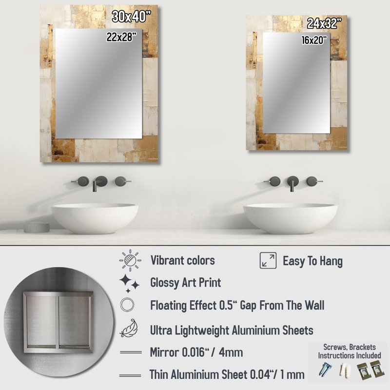 «Beige and Gold Dream Collage I», miroir mural unique à formes abstraites, miroir imprimé en métal, 40 po x 30 po