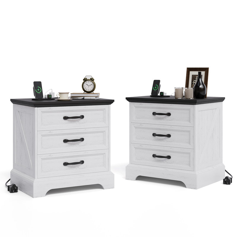  Ensemble de 2 tables de ferme blanches, 24 po de largeur - 3 tiroirs, tablette ouverte et station de charge intégrée - Armoires rustiques modernes avec ports USB - blanc, paquet de 2