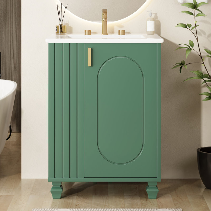 Meuble-lavabo classique de 24 po avec lavabo, poignées en métal, rangement latéral ouvert, 2 tablettes, assemblage facile, structure en céramique de conception autoportante, compartiments, porte, finition peinte,