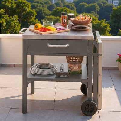 Chariot pour îlot de cuisine pour l'extérieur avec table d'appoint pliable, plan de travail en acier inoxydable, espace de rangement ouvert et crochets en métal