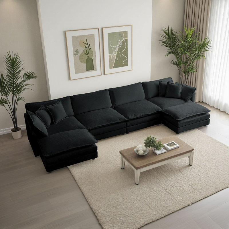 Grand canapé modulaire en U modulaire en chenille 6 pièces Clithoe, canapé rembourré en chenille avec 2 repose-pieds amovibles