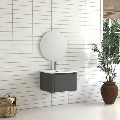 Meuble-lavabo flottant gris d'une largeur de 24 pouces, lavabo en céramique blanche, poignée à 45 angles, tiroir à fermeture en douceur, structure imperméable, rangement spacieux pour les articles de toilette, design américain, petite salle de bain idéale,