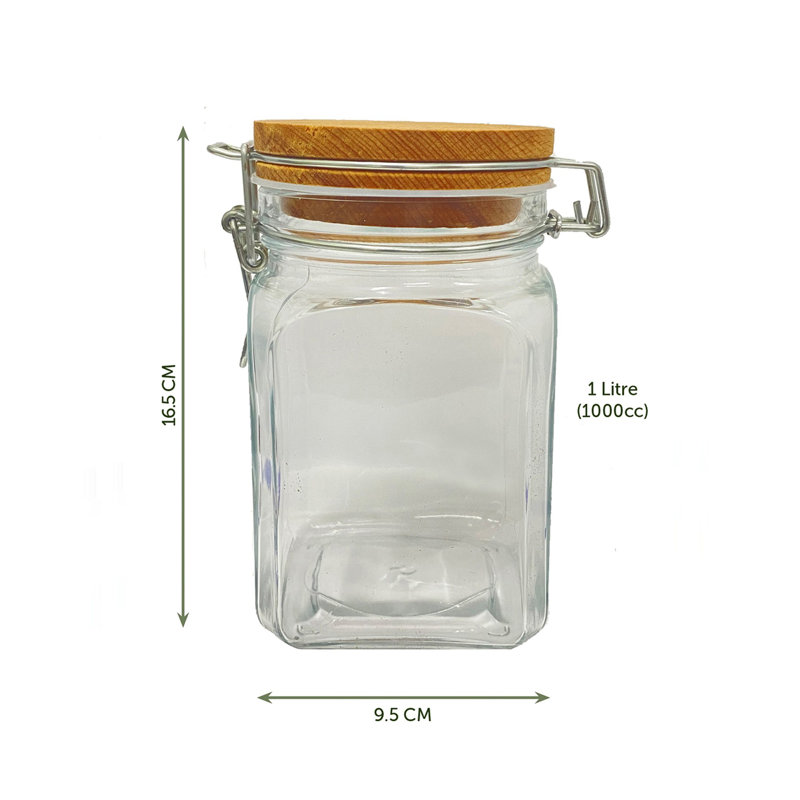 Premium 100% Glass Storage Jar with Wooden Lid, 6.5 x 3.7 x 3.7 inches | Elegant Natural Design, Ideal for Kitchen Organization & Home Decor | Not Dishwasher or Microwave Safe, Durable & Stylish