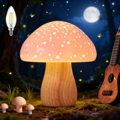 Mushroom Lamp, Ceramic Bedside Table Lamp For Bedroom Nightstand, Vintage Cute Night Light, Small Lamp For Living Room Kids Desk Home Decor Girls Mother's Day Gifts, LED Bulb Included, Pink