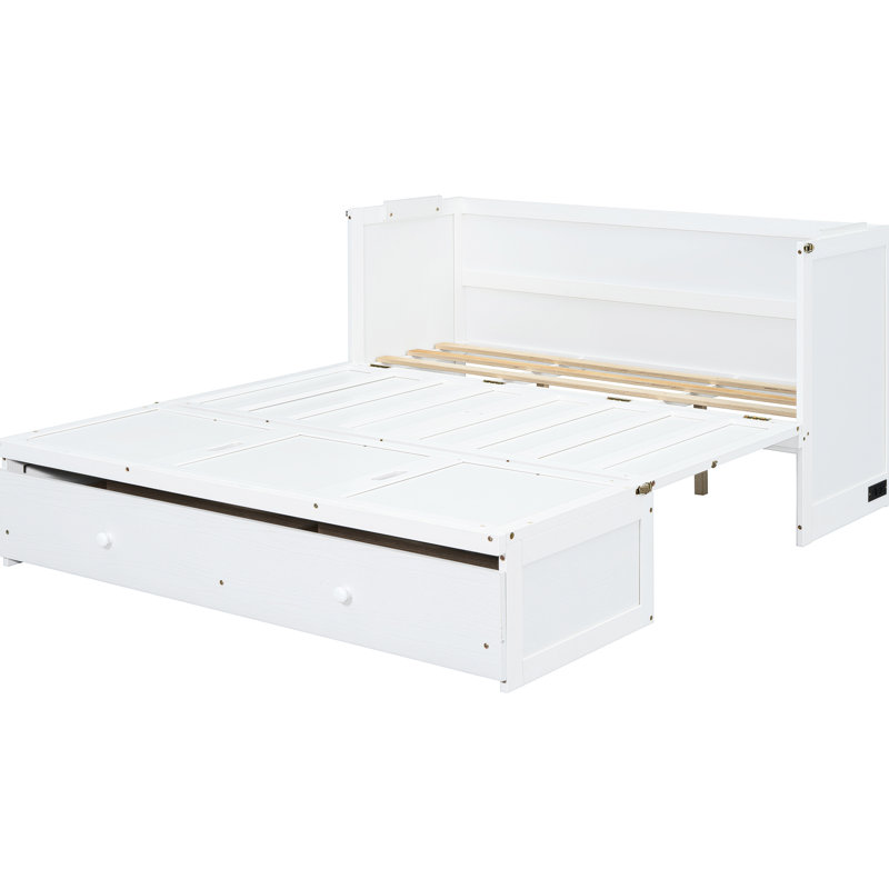 Space Saving Queen Bed, White, With And Generous Drawer Inside White Bed For Queen, Plug Spacious, White, Queen
