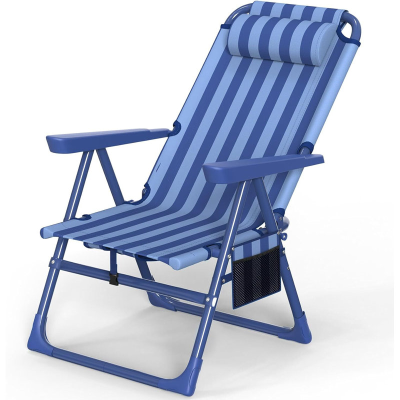 Backpack Beach Chair, 6-Positions Reclining Folding Beach Chair with Cooler Bag and Cup Holder, Navy Blue Striped, 1
