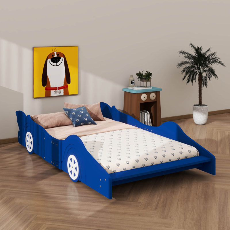 Lit plateforme en forme de voiture de jeu ludique avec roues réalistes pour un design unique, Bleu, Lit simple