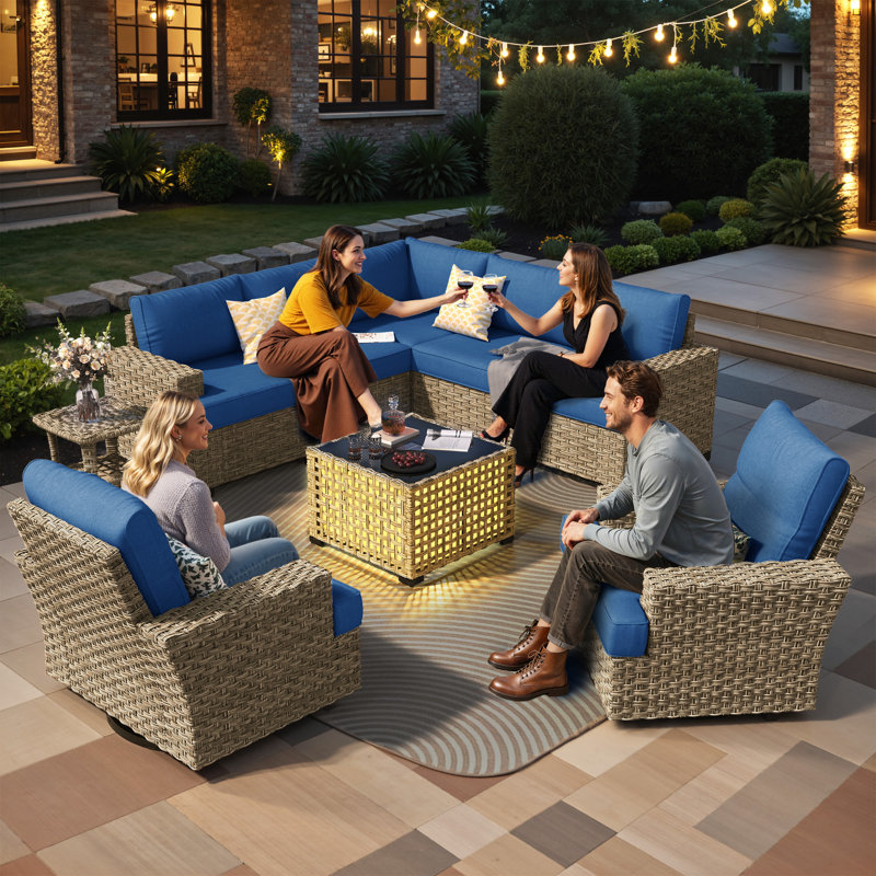Dzion Outdoor Wicker 7 Person Seating Group With Cushions, Navy, No