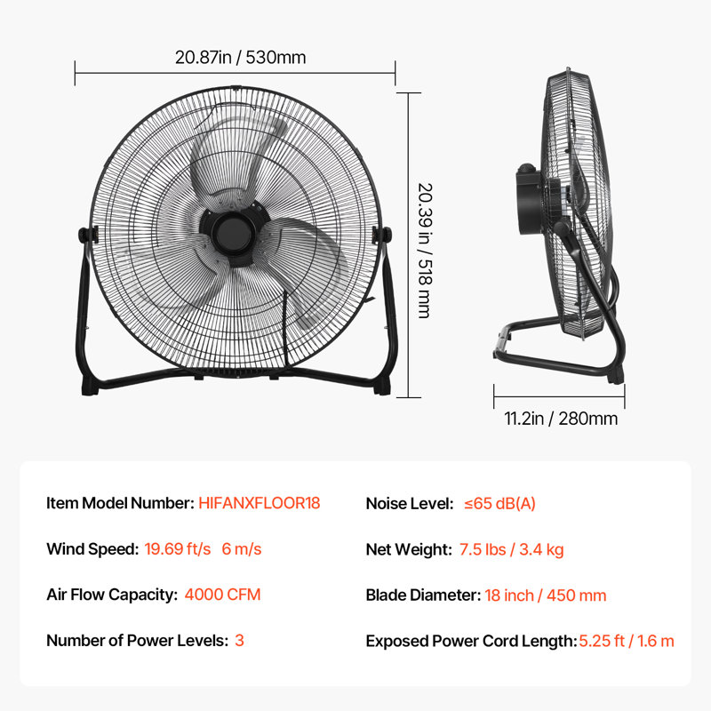  Ventilateur de plancher 3 vitesses, H 20,39 po x l 20,87 po x P 11,02 po