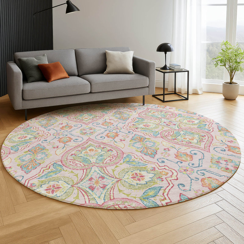 Premium Machine Washable Mayfield AMF2207 bohemian Rug, Pink, 8' Round