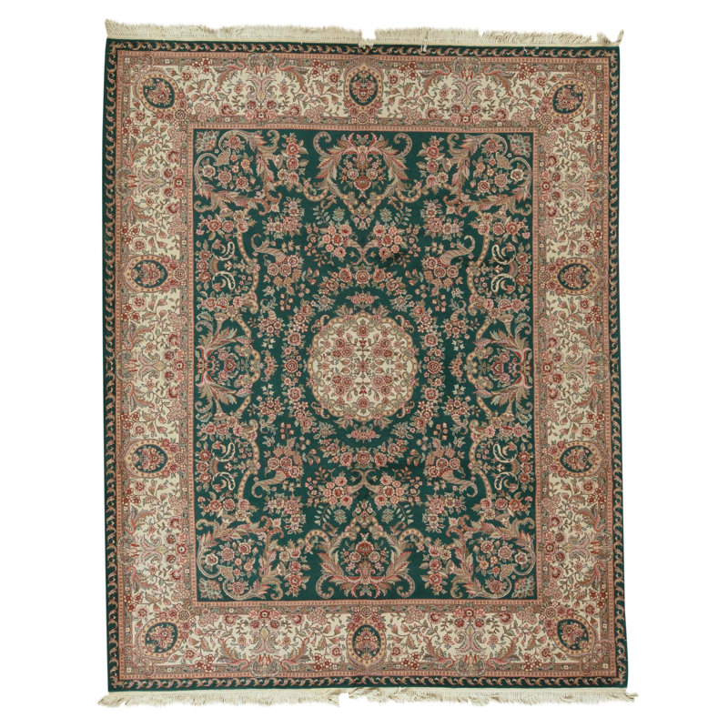 Hand Knotted Wool Oriental Area Rug in Green And Ivory