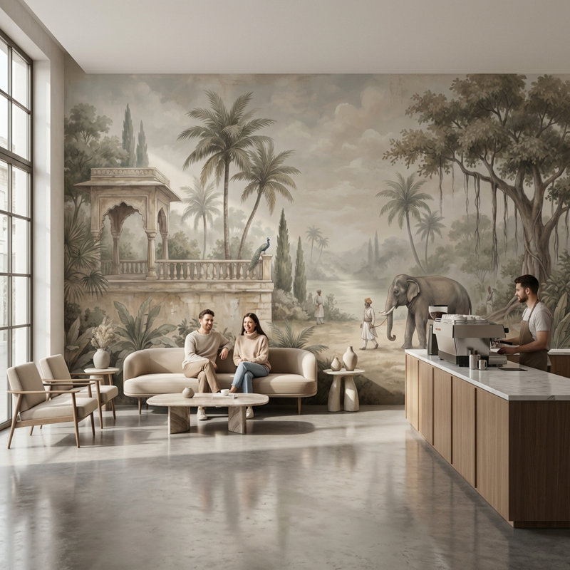 Papier peint rétro avec éléphant tropical, Non-Woven Nonpasted, 140" x 108"