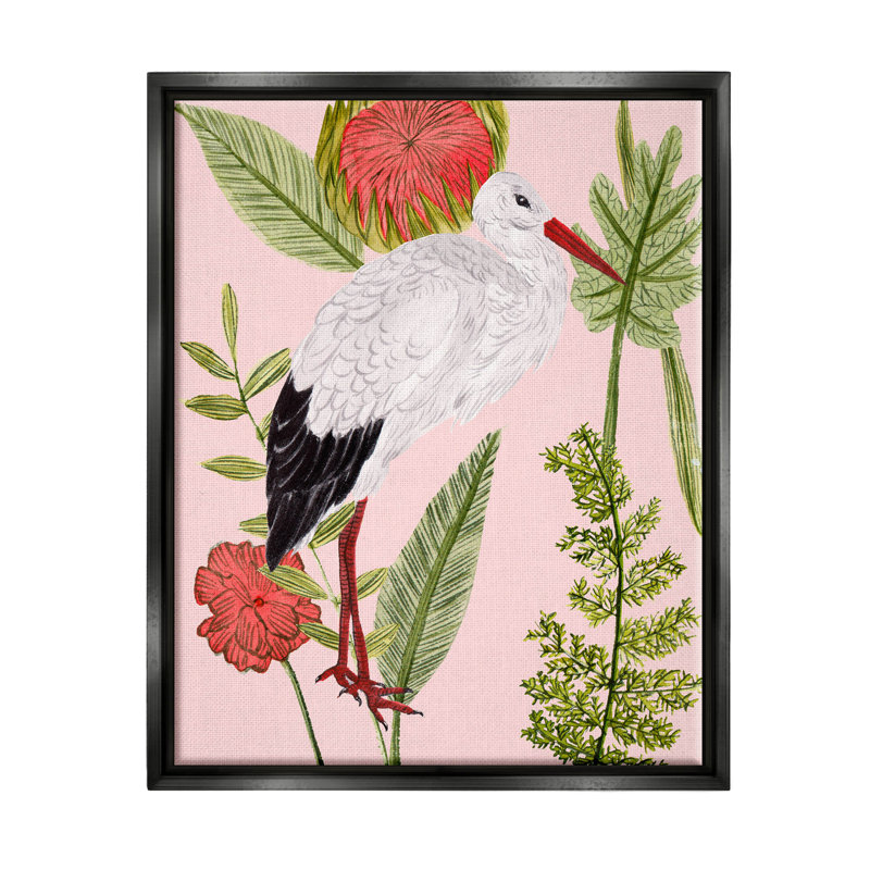 Giclée d'oiseaux botaniques roses par Melissa Wang, Cadre flottant noir de jais, H 21 po x l 17 po x P 1,7 po