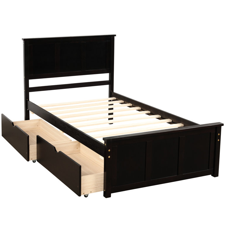 Lit plateforme simple avec 2 tiroirs à roulettes en bois massif et durable, Espresso