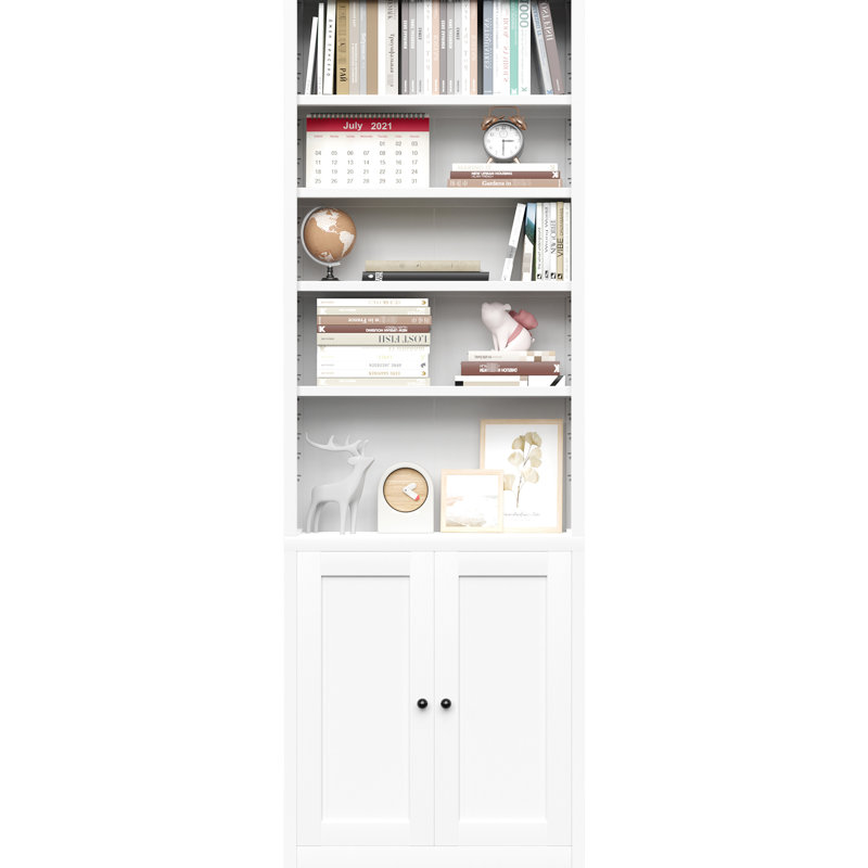 Bibliothèque à 5 niveaux en métal blanc industriel, hauteur de 71 pouces avec porte et tablettes réglables pour la décoration intérieure blanche, bureau équipé