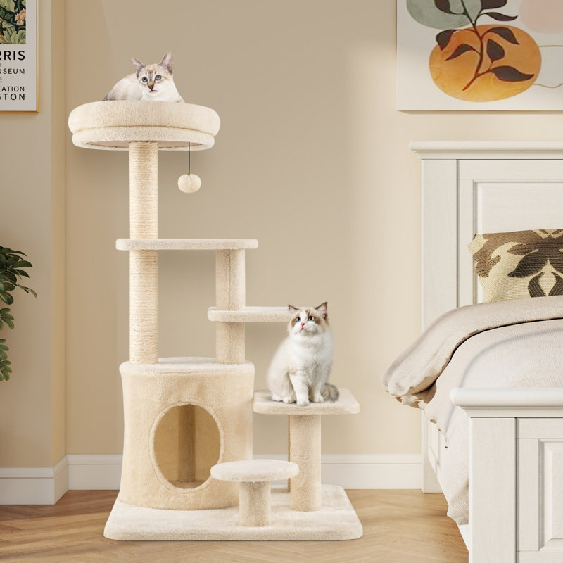 Arbre à chat à plusieurs niveaux de 101,6 cm avec niche et balle à grelots suspendue, beige, Beige