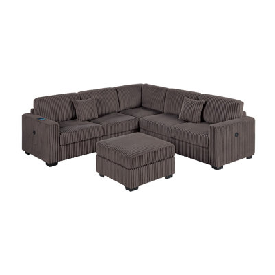 Modern Large Family Dark Gray Corduroy 6Pc Sectional Set Living Room One Arm Loveseat Wedge Console Armless Chair Couch Set