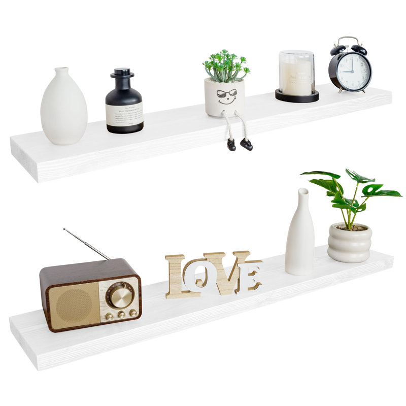 Solid Wood Floating Shelves，Rustic Wooden Wall Shelves, 1.25" H x 48" W x 6.7" D, White