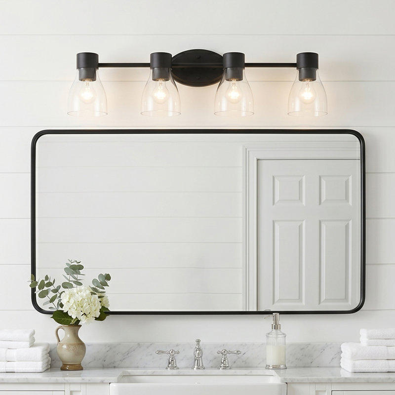 Éclairage pour salle de bain 3 lumières en laiton brossé avec abat-jour en verre transparent Jessa, Noir satiné, 4