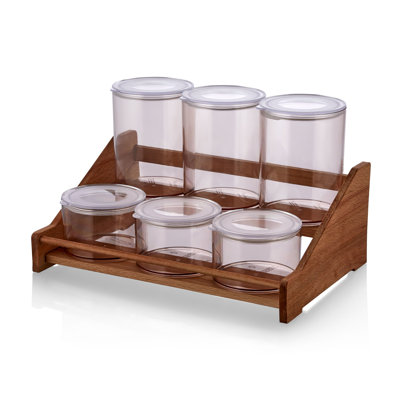 Spice Jar & Kitchen Shelf Set (6 Pieces) | 100% BPA-Free Plastic Jars (3 x 800ml & 3 x 400ml) | Sturdy 100% Wooden Stand (13.4 x 9.1 x 8.3 in) | Dishwasher Safe, Transparent Design for Organized & Stylish Kitchen