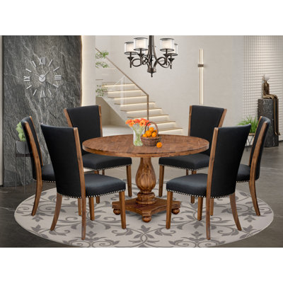 5-Piece and 7-Piece Dining Set Contains a Round Table with Pedestal and Linen Fabric Parson Chairs, Antique Walnut