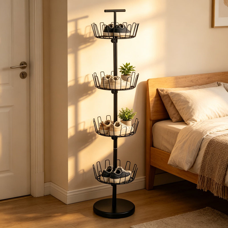 Arbre de rangement pour chaussures à 4 niveaux avec supports de filage, organisateur de chaussures peu encombrant pour 24 paires, structure en acier, assemblage facile, noir mat