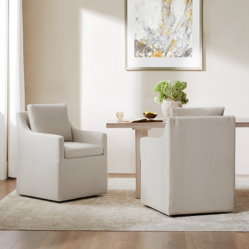 Chaise de salle à manger rembourrée avec roulettes Hidar, Beige lin