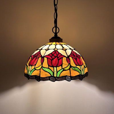 Luminaire suspendu Kliff Tiffany en verre coloré avec tulipes rouges l 12 po x P 12 po x H 60 po