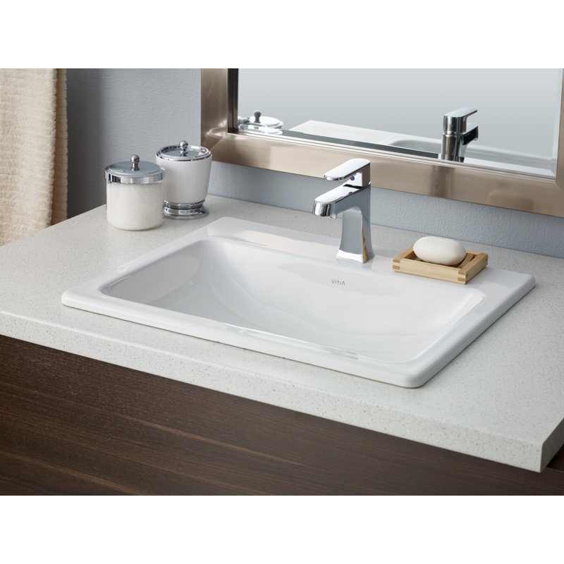 Lavabo de salle de bain rectangulaire encastré en porcelaine vitrifiée avec trop-plein Manhattan, Monotrou
