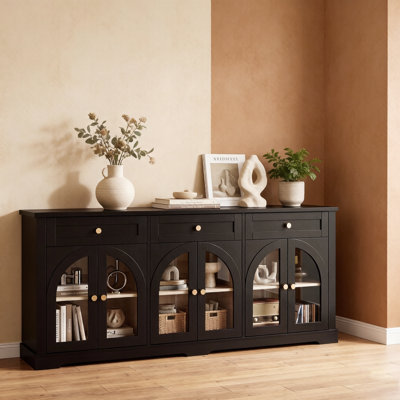 60” Arched Sideboard Cabinet with Glass Doors and Drawer, Modern Accent Console Cabinet for Living Room,Kitchen,Entryway, Black