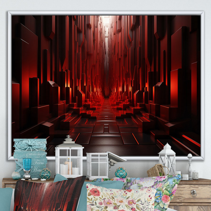Tunnel abstrait en bois rouge I sur toile, H 24 po x l 32 po x P 1 po, Cadre flottant blanc