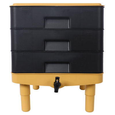 3-Tray Worm Composting System, 65L Vermiculture Bin Kit with Lid, Yellow and Black Plastic Composter for Garden Waste Recycling