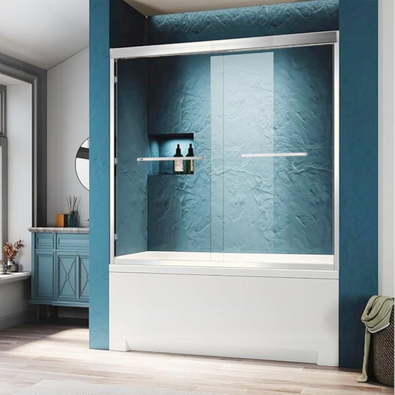 56-60"W X 60"H Double Sliding Tub Shower Door, Aluminium Alloy Frame, 1/4" (6Mm) Thick SGCC Tempered Clear Glass.