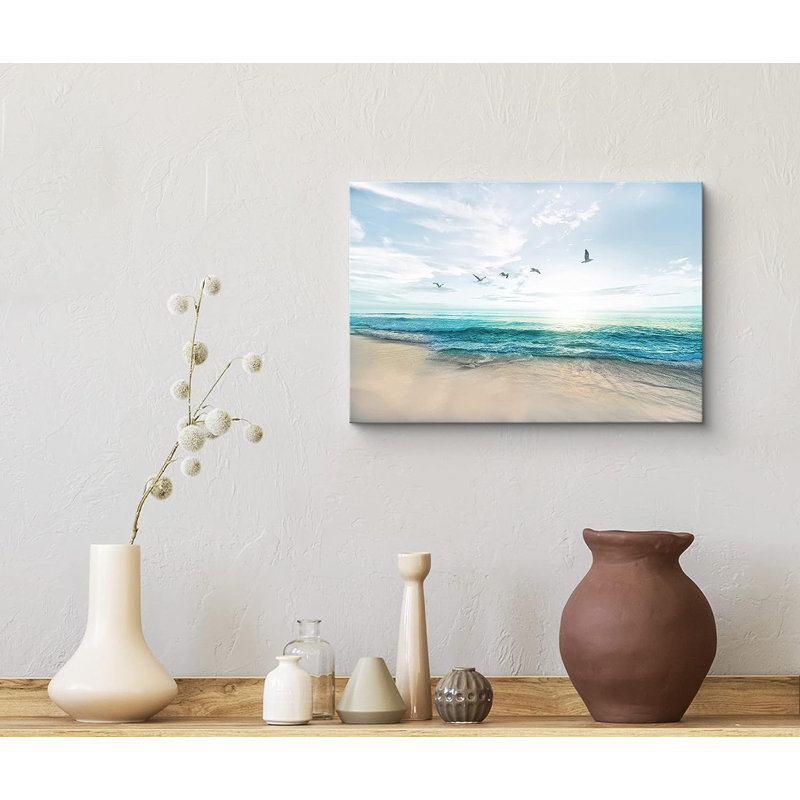 «Coastal Beach Peaceful Sunny Beach Day with Birds In Sky Nature Wilderness», reproduction sur toile