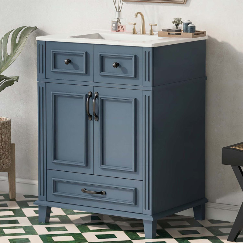 Meuble-lavabo de salle de bain avec lavabo en céramique, structure en bois, portes à fermeture douce et grand espace de rangement