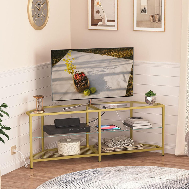 Meuble télé de coin moderne 55 po pour téléviseur de 60 po ou moins - Console média avec prise de courant, tablettes ouvertes et verre trempé