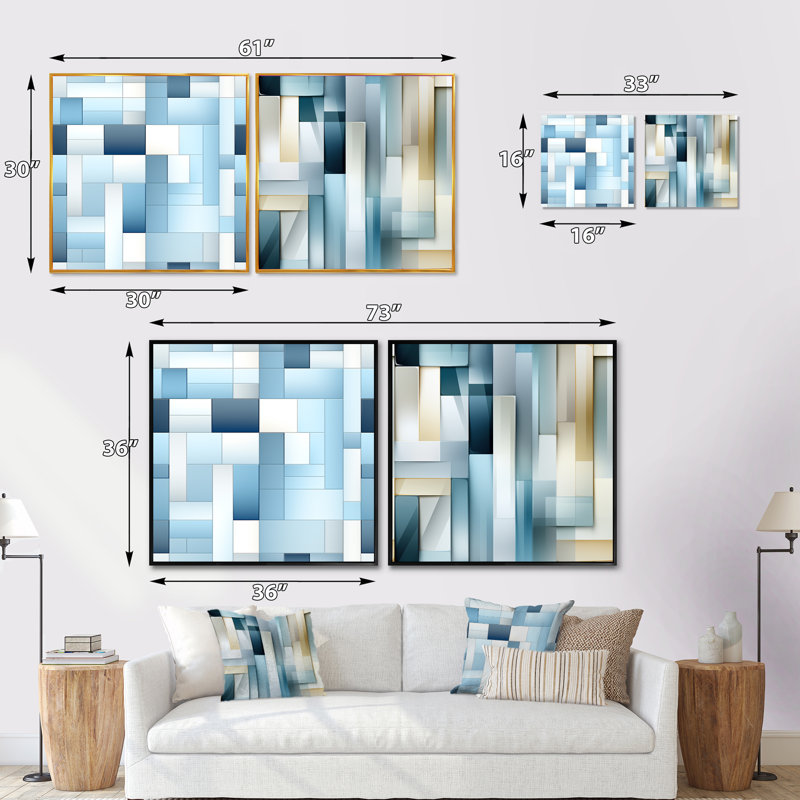 Clennon - Ensemble de 2 collages de formes carrées abstraites, H 16 po x l 33 po, Cadre flottant doré