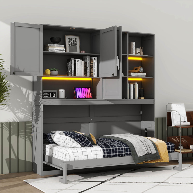 Lit simple escamotable mural simple avec armoire supérieure, supports, lit pliant peu encombrant avec éclairage et port USB