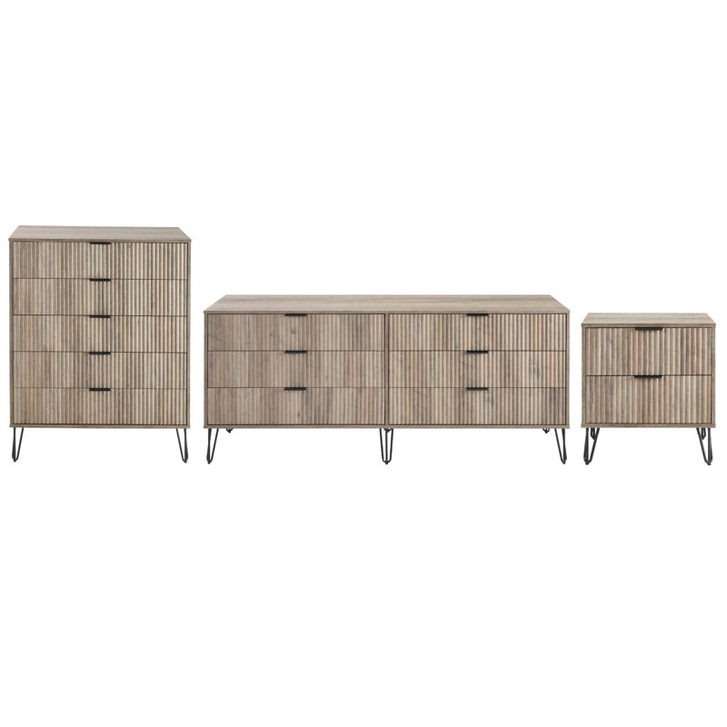 Ensemble de chambre à coucher moderne 3 pièces avec commode double, commode et table de chevet Dumbo, Gris