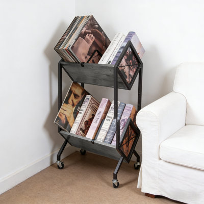 2-Tier Rolling Vinyl Record Holder With Dividers, 160-200 LP Retro Style Display Rack, Quick Assembly Storage For Albums, Magazines And Books