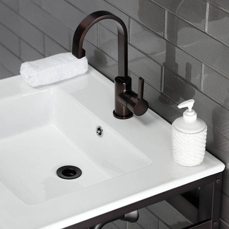 Lavabo de salle de bain console en céramique avec trop-plein, Blanc / bronze huilé, Simple