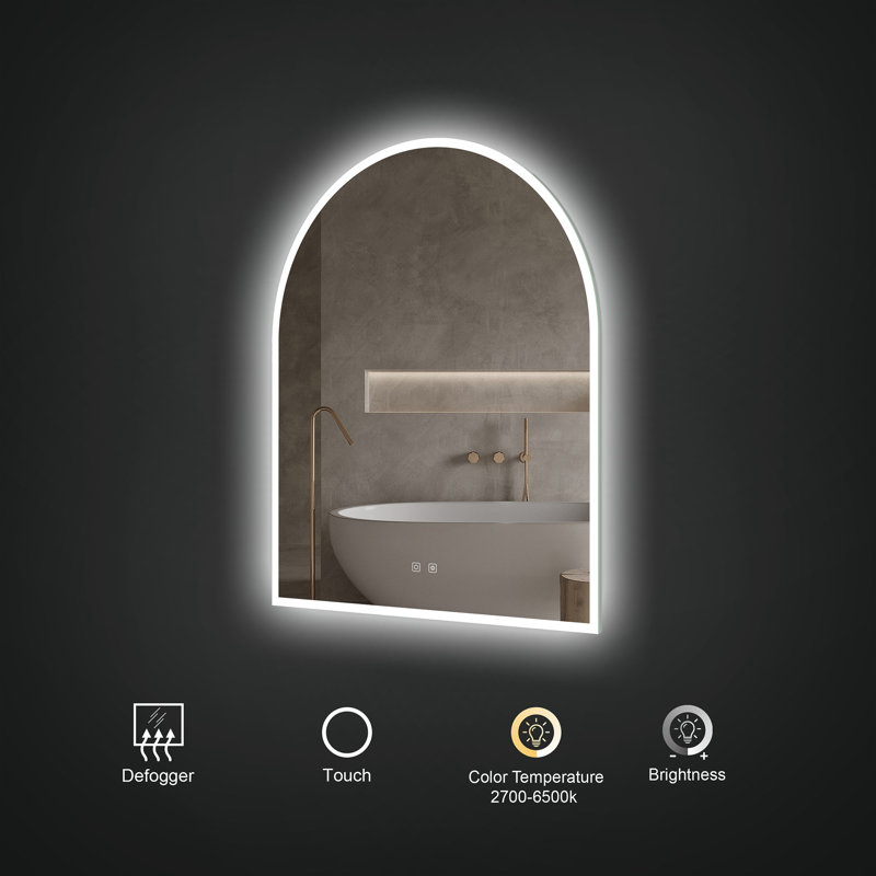 Gemma 30" x 36" Arched LED Mirror with Heated Defogger, Adjustable Light Temperature & Brightness Settings