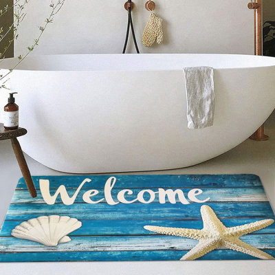Tapis de porte de bienvenue nautique 1pc, étoile de mer, coquillage de style océan, tissu en velours de cristal avec envers en silicone, tapis rectangulaire antidérapant lavable pour la maison, la salle de lavage, la décoration de la salle de bain - Lavage à la main seulement